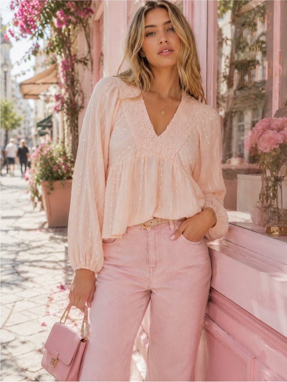 240 • Peach Pink Bohemian Embroidered Lace V-Neck Blouse